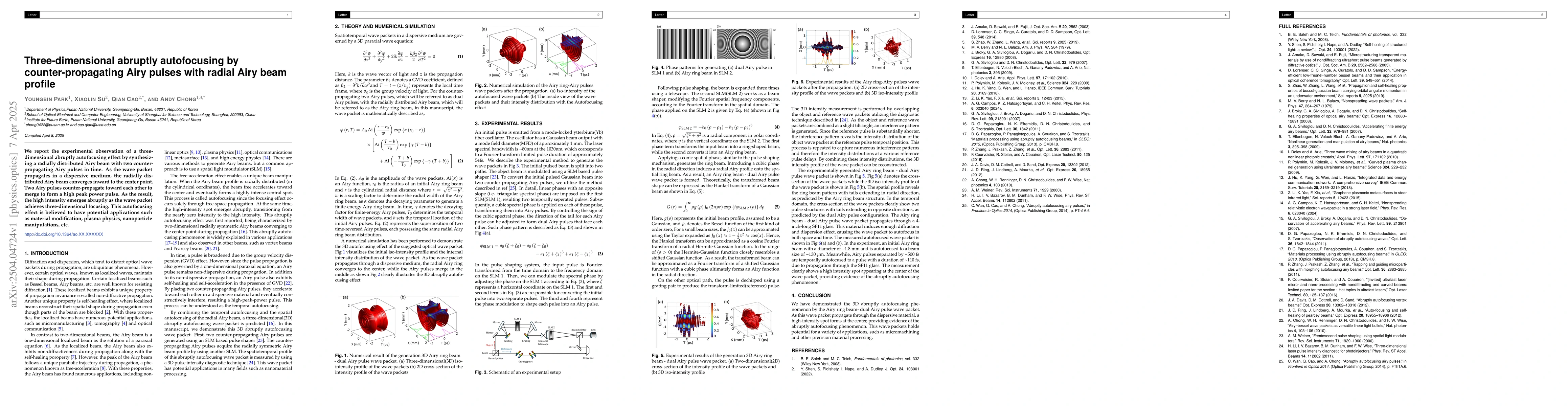 Thumbnail for Three-dimensional abruptly autofocusing by counter-propagating Airy
  pulses with radial Airy beam profile