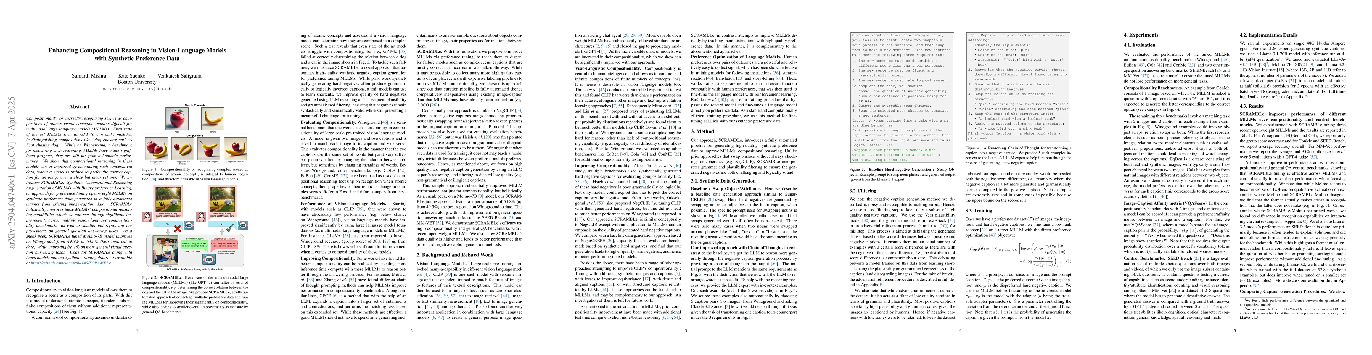 Thumbnail for Enhancing Compositional Reasoning in Vision-Language Models with
  Synthetic Preference Data