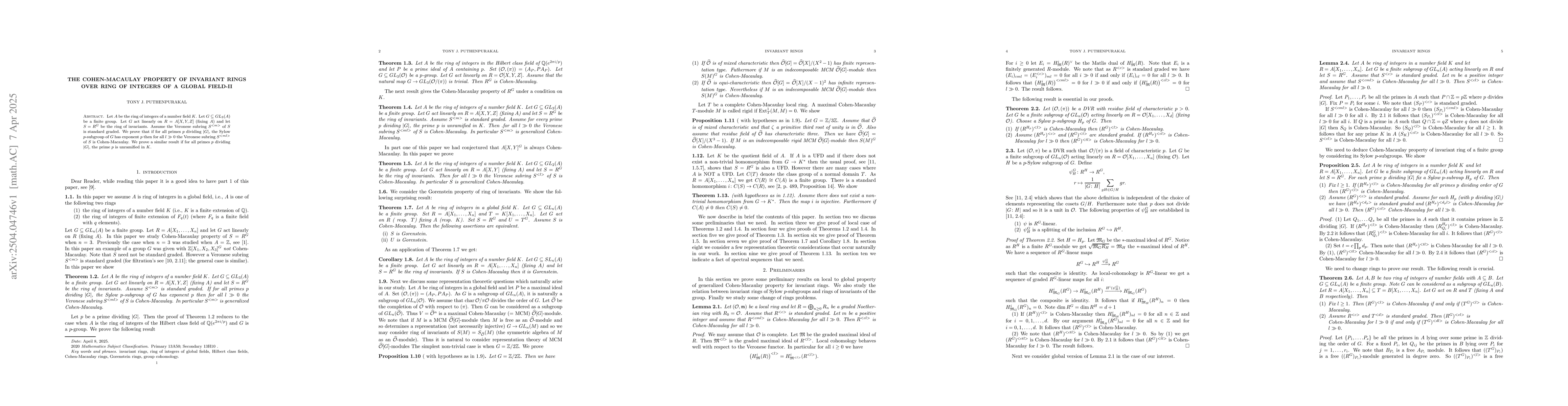 Thumbnail for The Cohen-Macaulay property of invariant rings over ring of integers of
  a global field-II