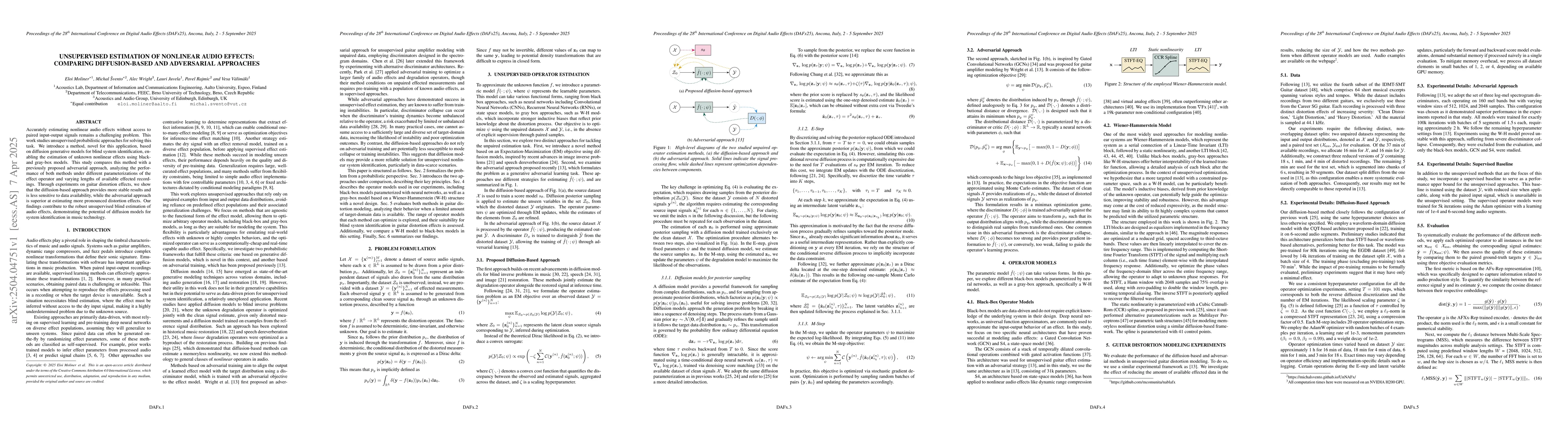Thumbnail for Unsupervised Estimation of Nonlinear Audio Effects: Comparing
  Diffusion-Based and Adversarial approaches