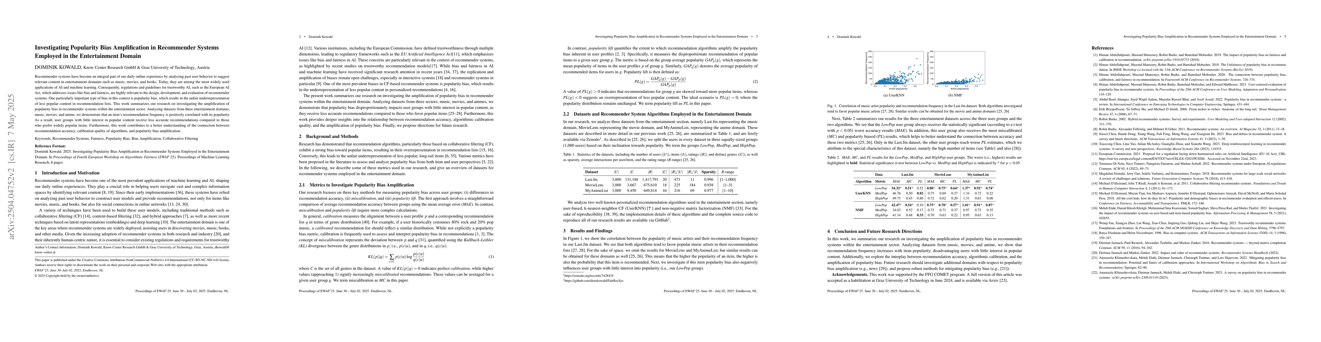 Thumbnail for Investigating Popularity Bias Amplification in Recommender Systems
  Employed in the Entertainment Domain
