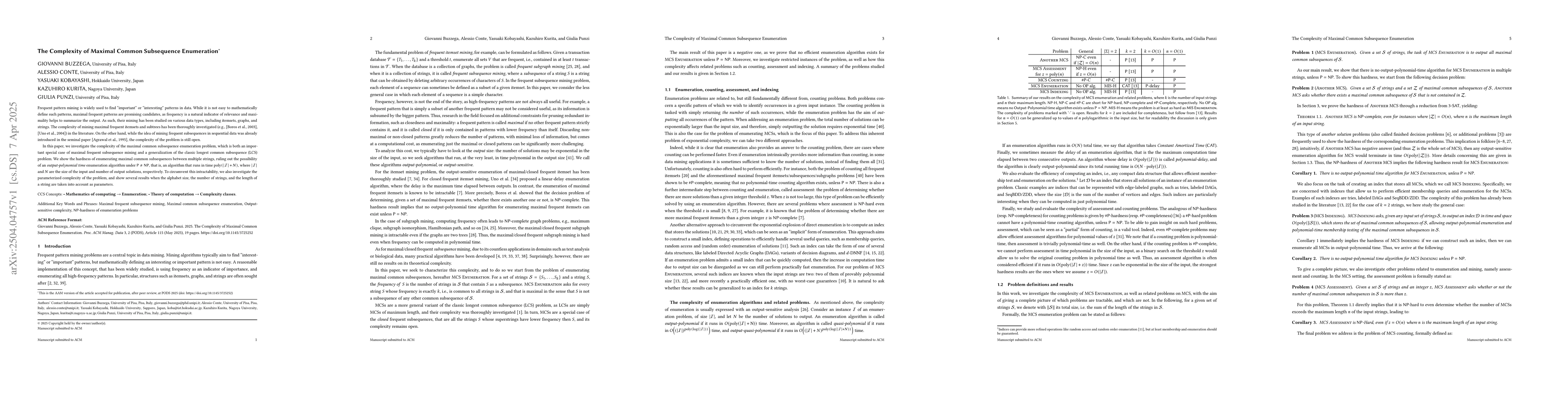 Thumbnail for The Complexity of Maximal Common Subsequence Enumeration