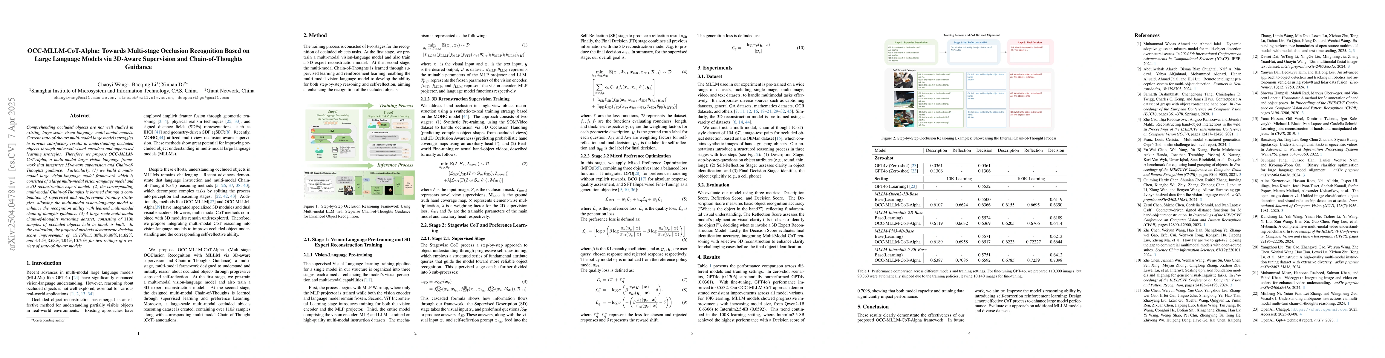 Thumbnail for OCC-MLLM-CoT-Alpha: Towards Multi-stage Occlusion Recognition Based on
  Large Language Models via 3D-Aware Supervision and Chain-of-Thoughts Guidance