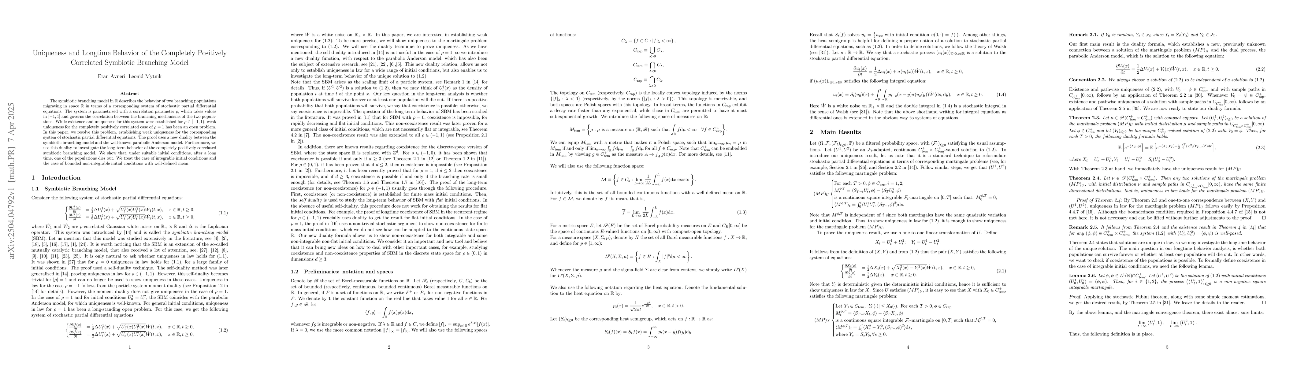 Thumbnail for Uniqueness and Longtime Behavior of the Completely Positively Correlated
  Symbiotic Branching Model