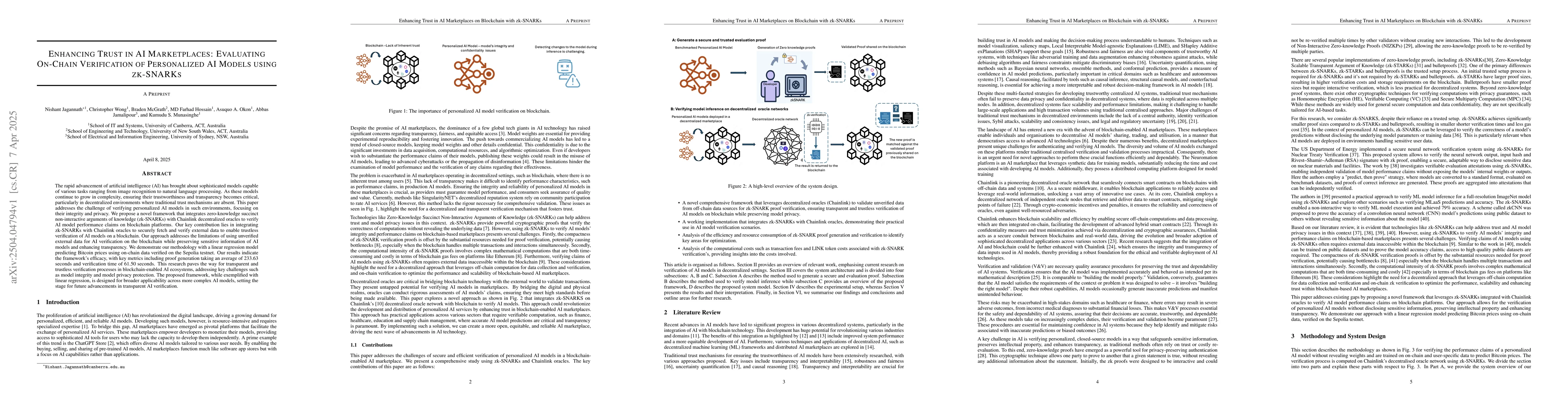Thumbnail for Enhancing Trust in AI Marketplaces: Evaluating On-Chain Verification of
  Personalized AI models using zk-SNARKs