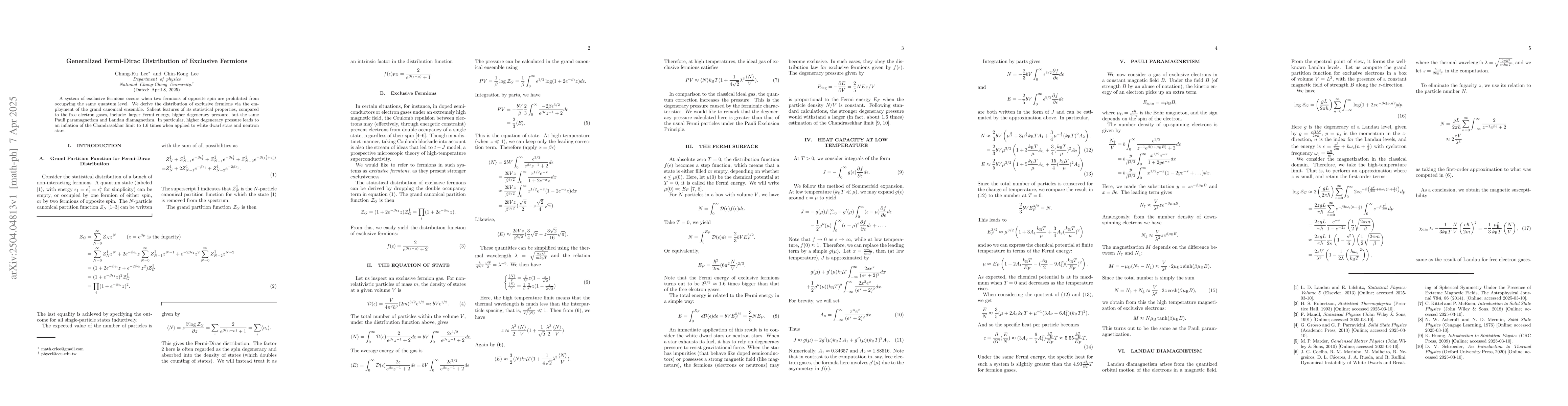 Thumbnail for Generalized Fermi-Dirac Distribution of Exclusive Fermions