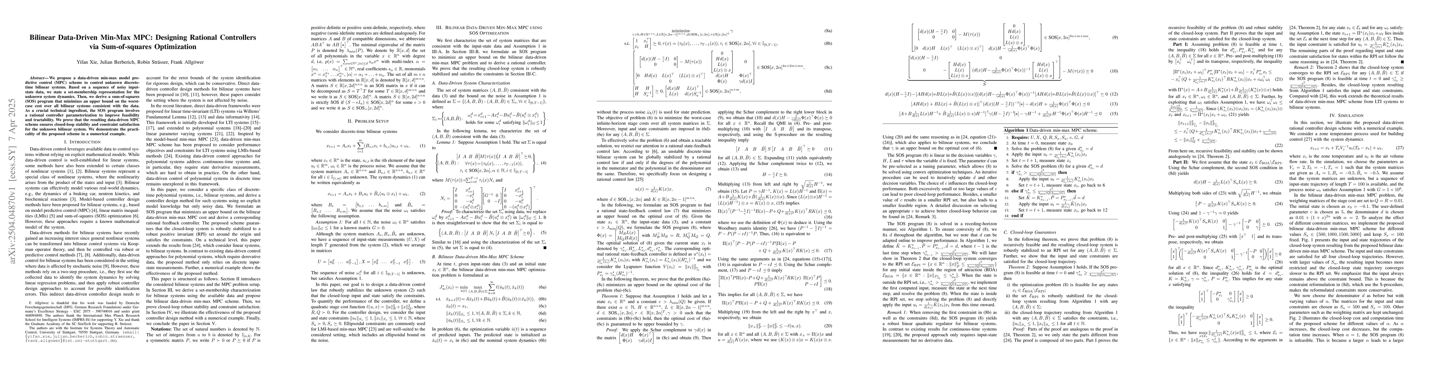 Thumbnail for Bilinear Data-Driven Min-Max MPC: Designing Rational Controllers via
  Sum-of-squares Optimization