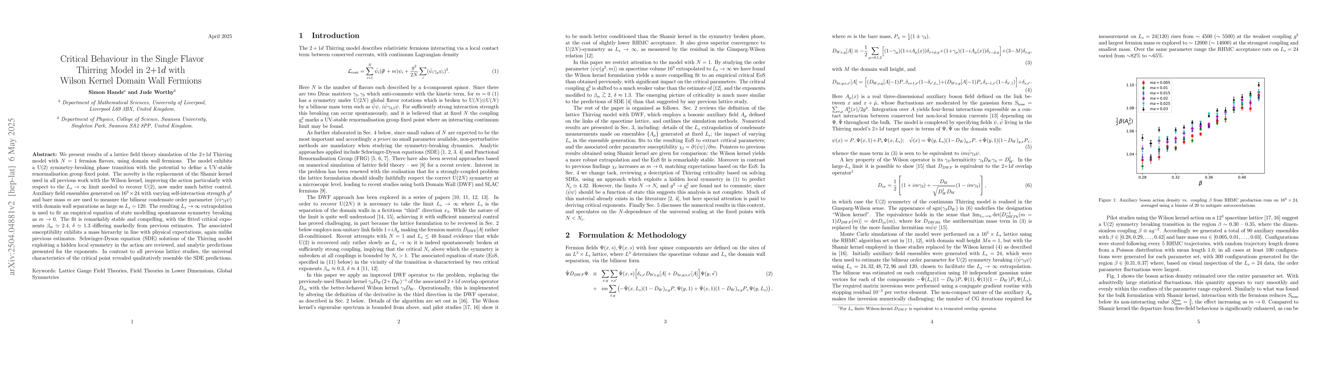 Thumbnail for Critical Behaviour in the Single Flavor Thirring Model in 2+1$d$ with
  Wilson Kernel Domain Wall Fermions