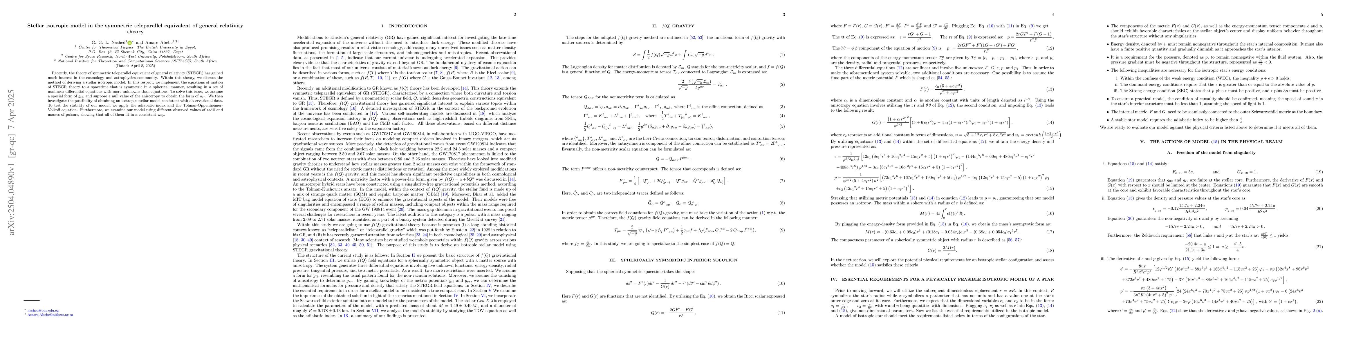 Thumbnail for Stellar isotropic model in the symmetric teleparallel equivalent of
  general relativity theory