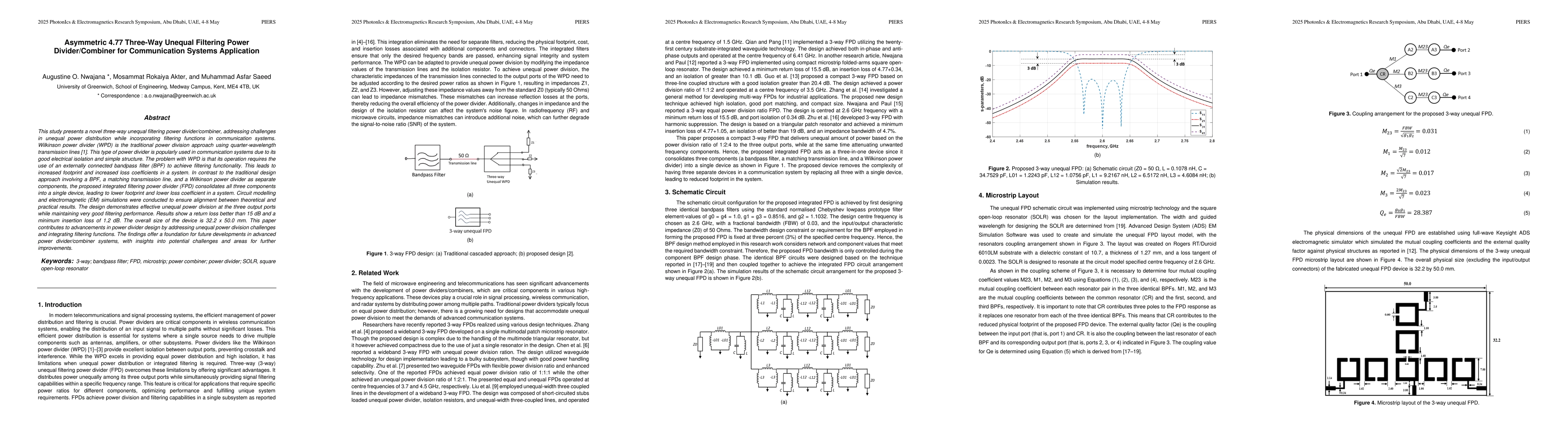 Thumbnail for Asymmetric 4.77 Three-Way Unequal Filtering Power Divider/Combiner for
  Communication Systems Application