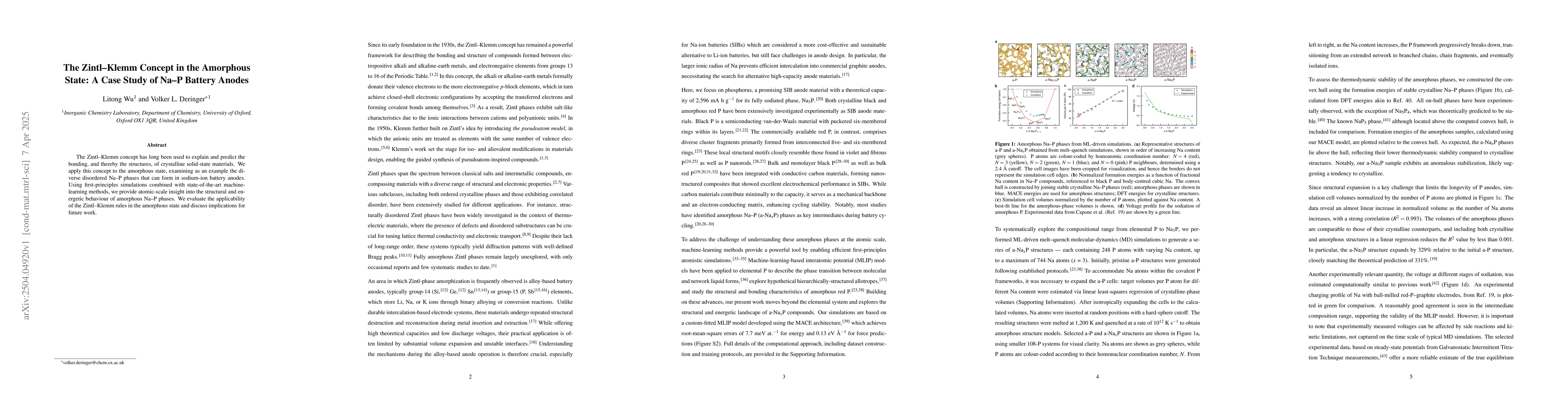 Thumbnail for The Zintl-Klemm Concept in the Amorphous State: A Case Study of Na-P
  Battery Anodes