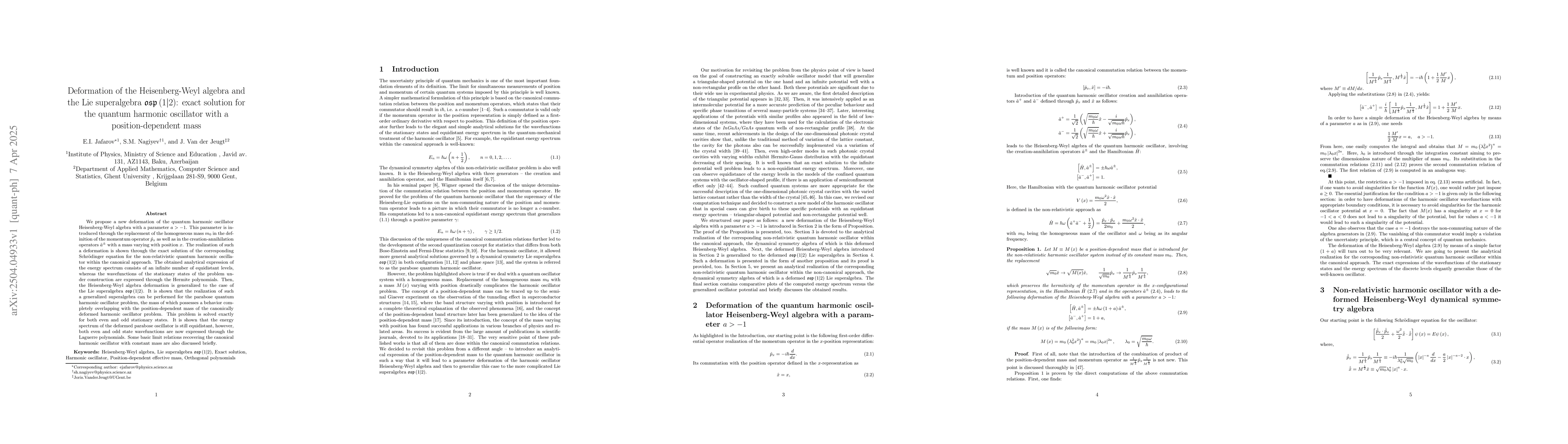 Thumbnail for Deformation of the Heisenberg-Weyl algebra and the Lie superalgebra
  $\mathfrak{osp}\left( {1|2} \right)$: exact solution for the quantum harmonic
  oscillator with a position-dependent mass