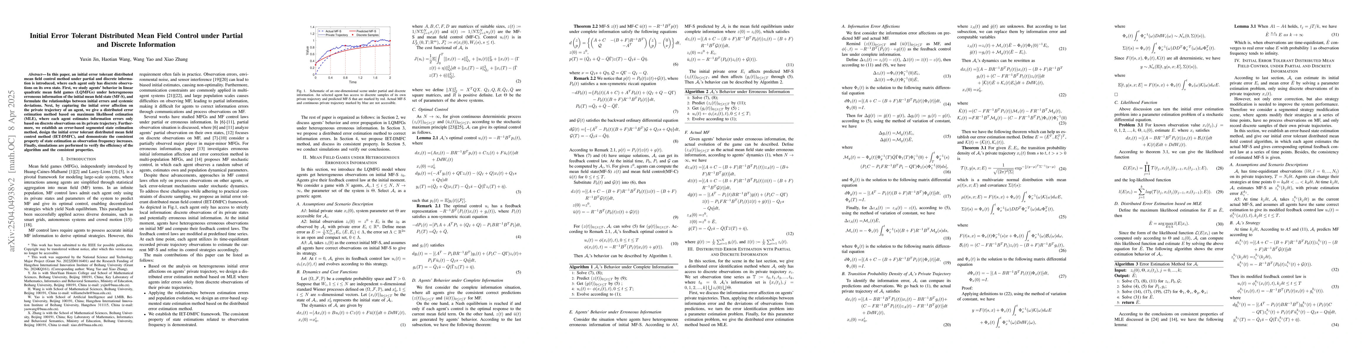 Thumbnail for Initial Error Tolerant Distributed Mean Field Control under Partial and
  Discrete Information
