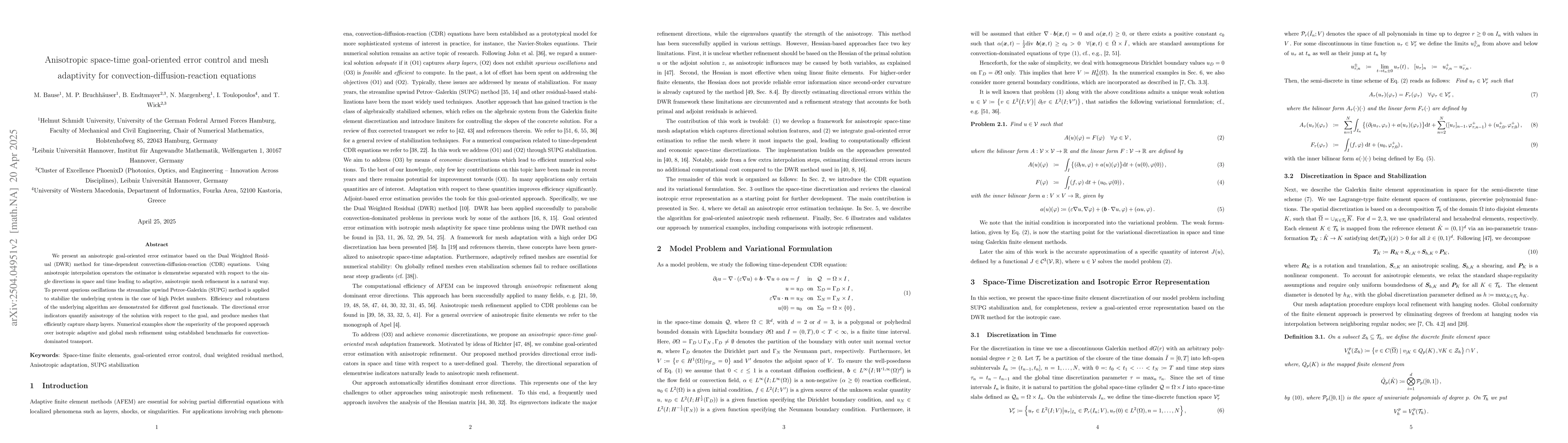 Thumbnail for Anisotropic space-time goal-oriented error control and mesh adaptivity
  for convection-diffusion-reaction equations