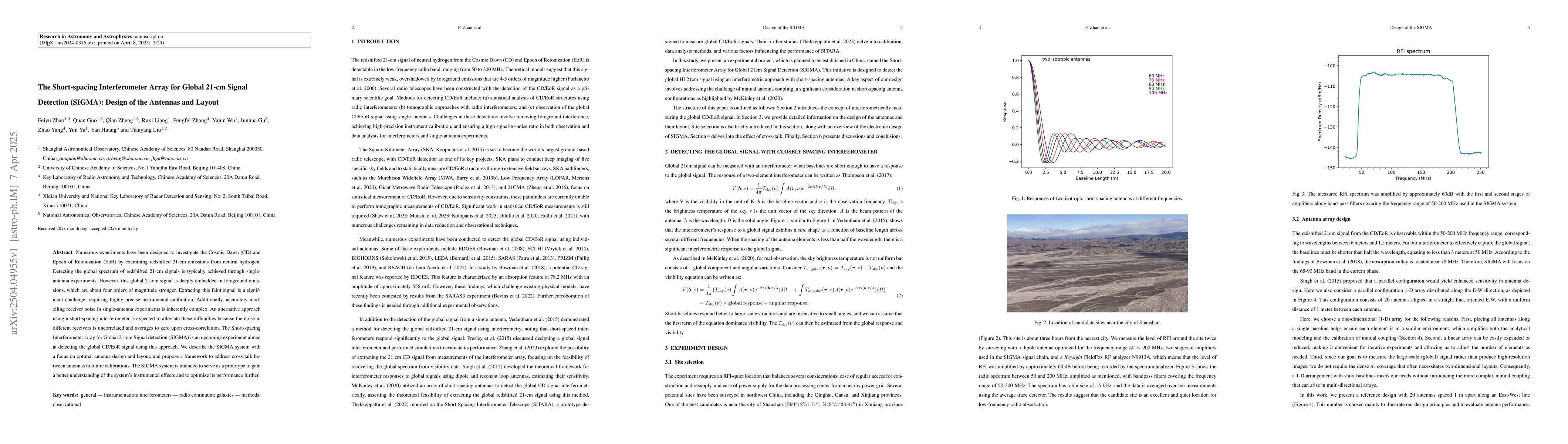 Thumbnail for The Short-spacing Interferometer Array for Global 21-cm Signal Detection
  (SIGMA): Design of the Antennas and Layout