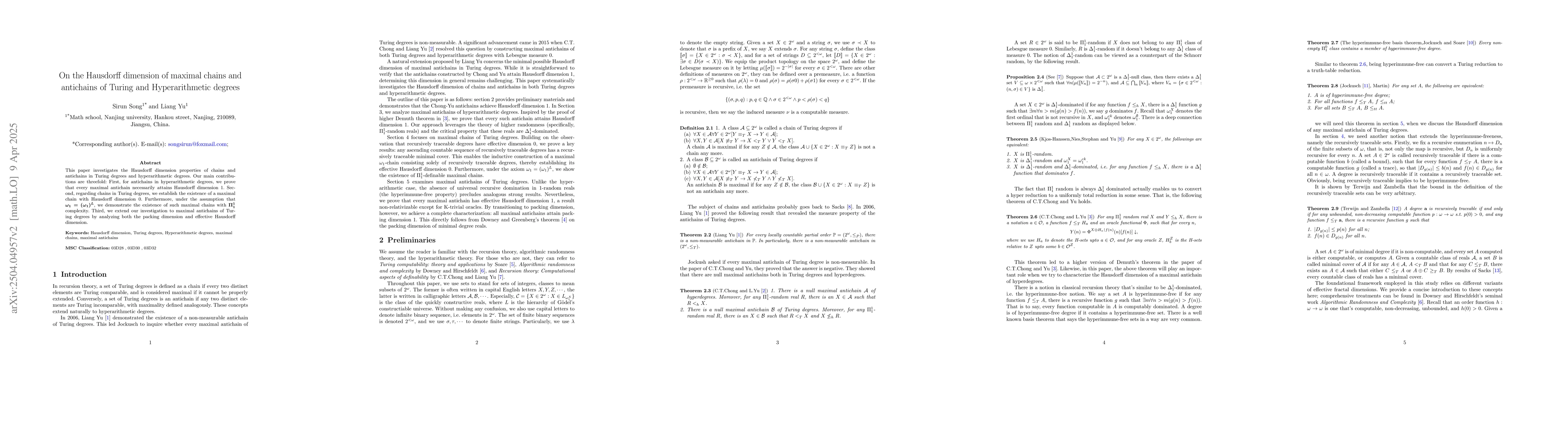 Thumbnail for On the Hausdorff dimension of maximal chains and antichains of Turing
  and Hyperarithmetic degrees