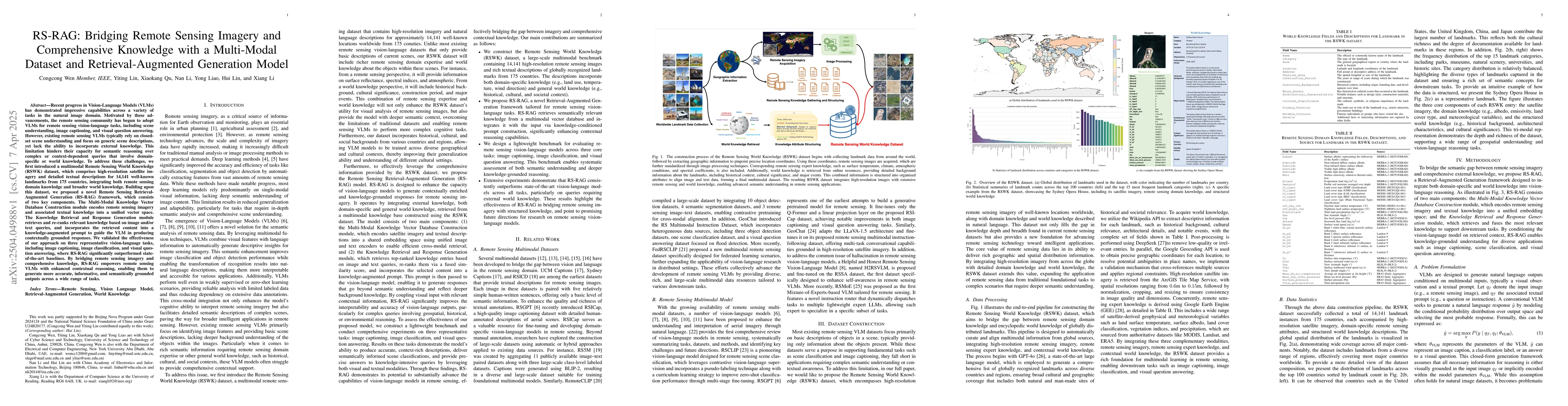 Thumbnail for RS-RAG: Bridging Remote Sensing Imagery and Comprehensive Knowledge with
  a Multi-Modal Dataset and Retrieval-Augmented Generation Model