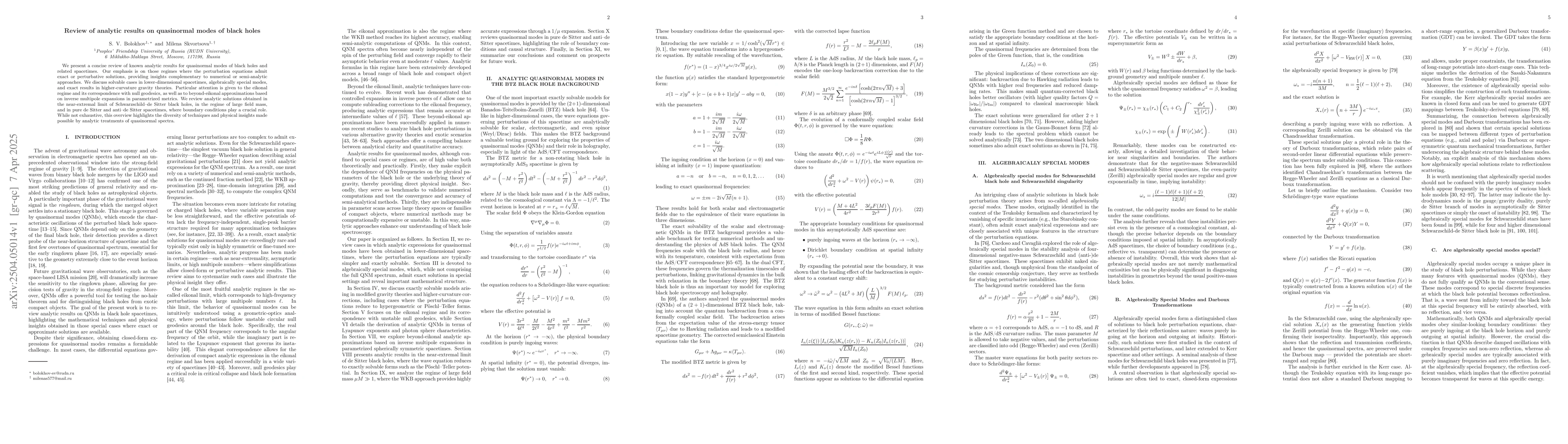 Thumbnail for Review of analytic results on quasinormal modes of black holes