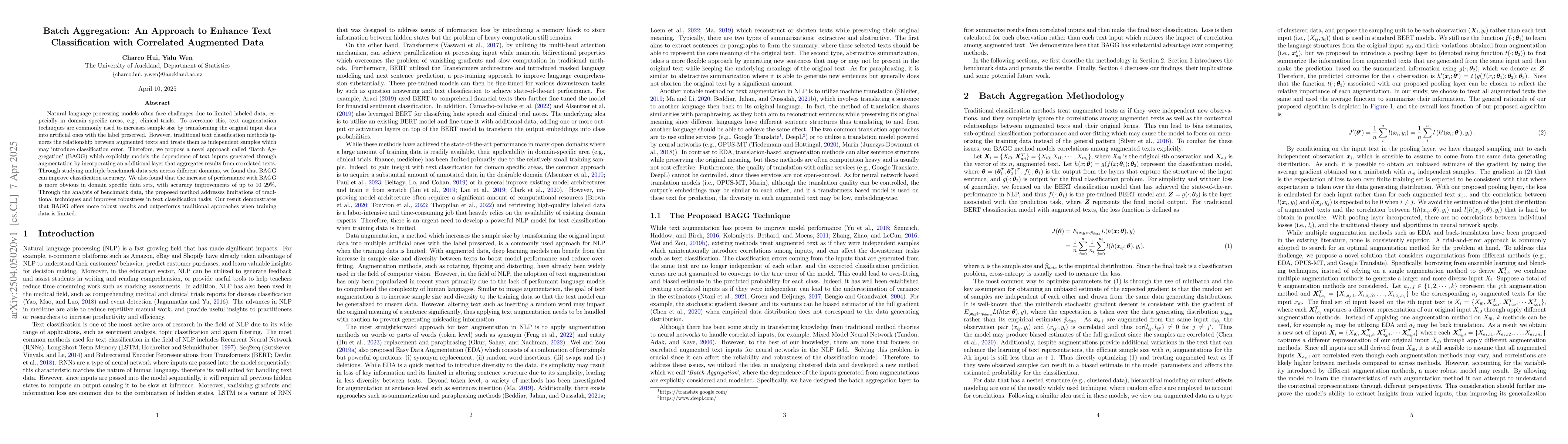 Thumbnail for Batch Aggregation: An Approach to Enhance Text Classification with
  Correlated Augmented Data