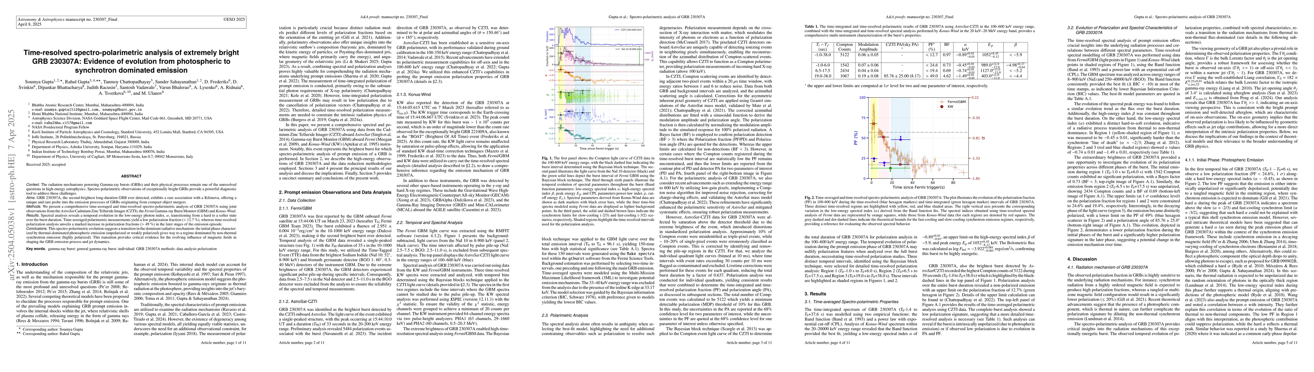 Thumbnail for Time-resolved spectro-polarimetric analysis of extremely bright GRB
  230307A: Evidence of evolution from photospheric to synchrotron dominated
  emission