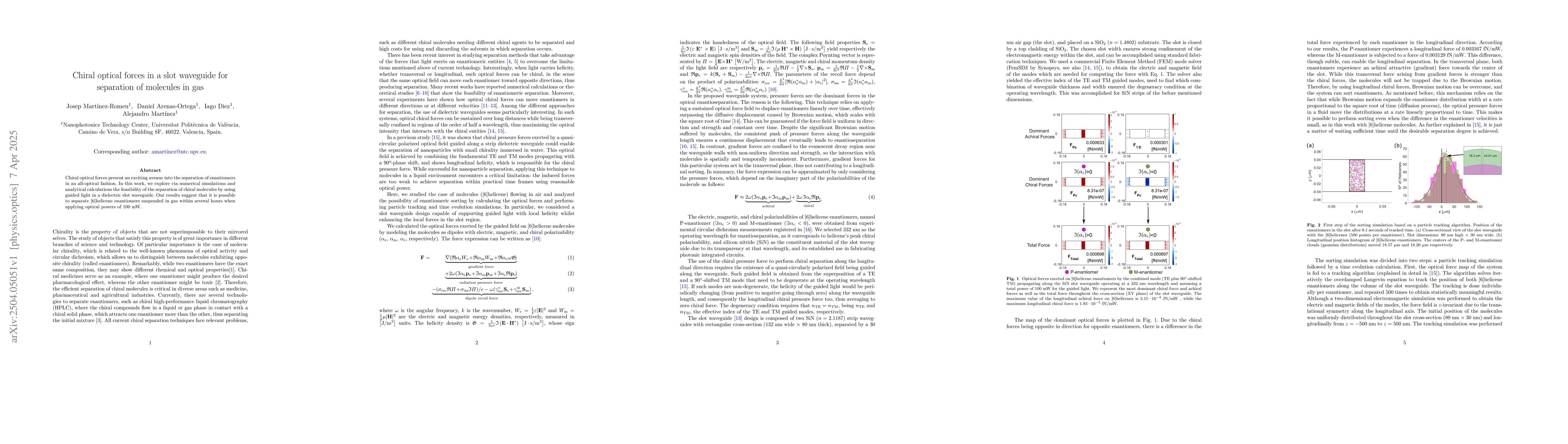 Thumbnail for Chiral optical forces in a slot waveguide for separation of molecules in
  gas
