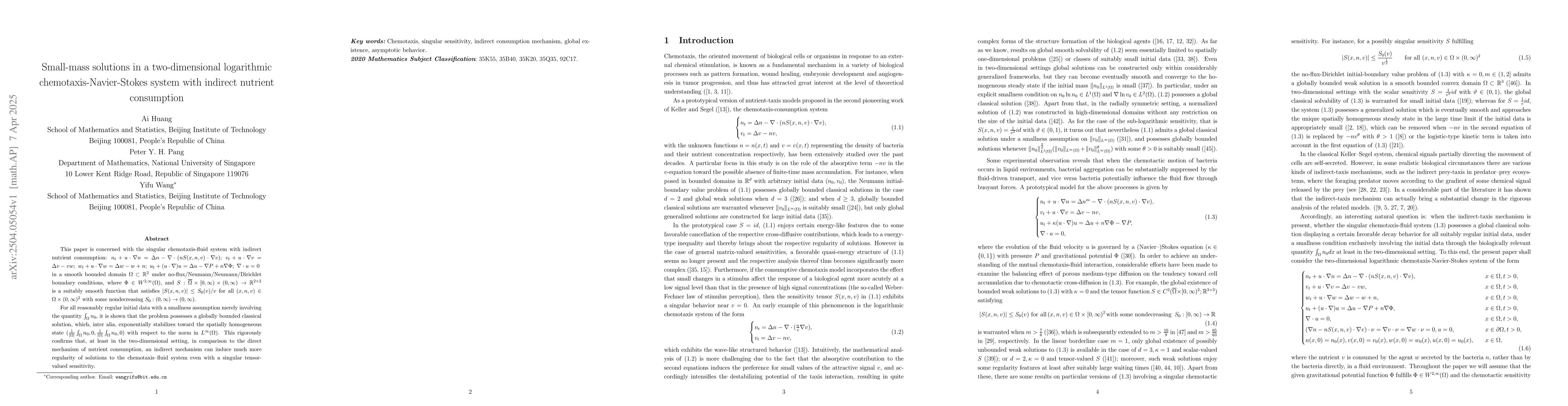 Thumbnail for Small-mass solutions in a two-dimensional logarithmic
  chemotaxis-Navier-Stokes system with indirect nutrient consumption