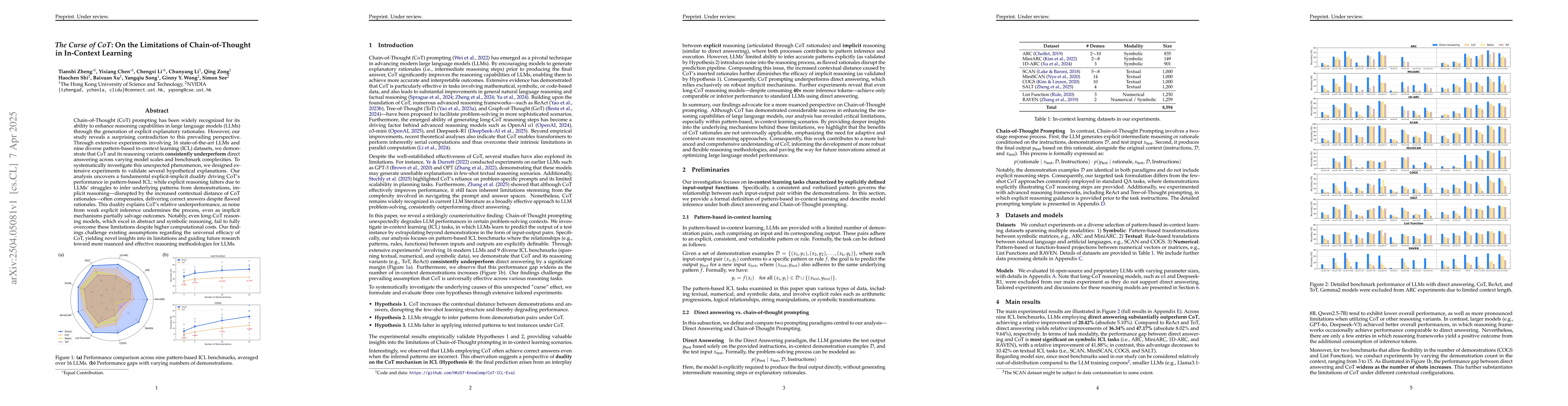Thumbnail for The Curse of CoT: On the Limitations of Chain-of-Thought in In-Context
  Learning