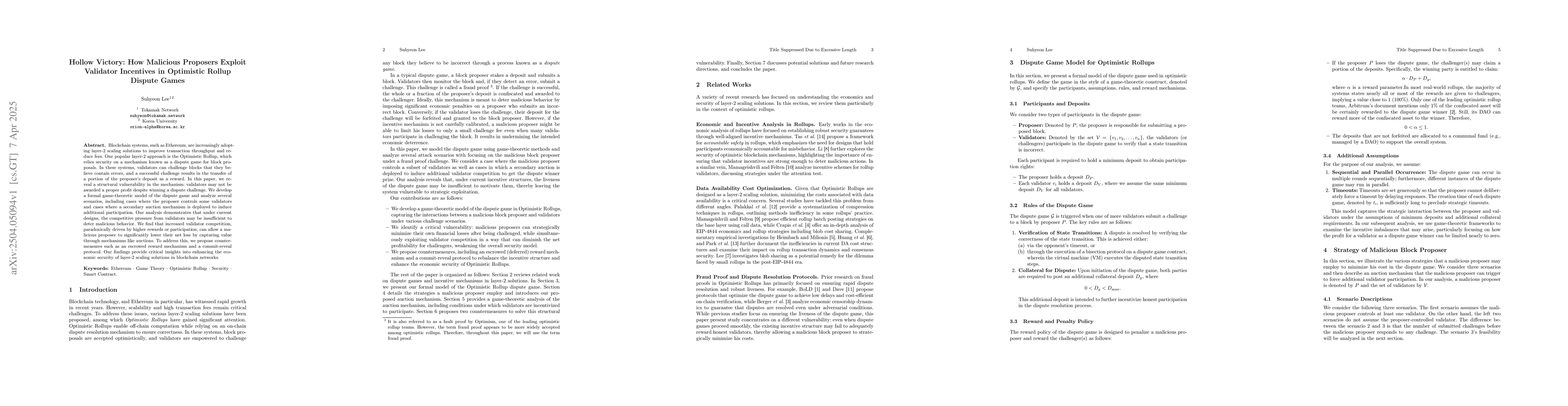 Thumbnail for Hollow Victory: How Malicious Proposers Exploit Validator Incentives in
  Optimistic Rollup Dispute Games