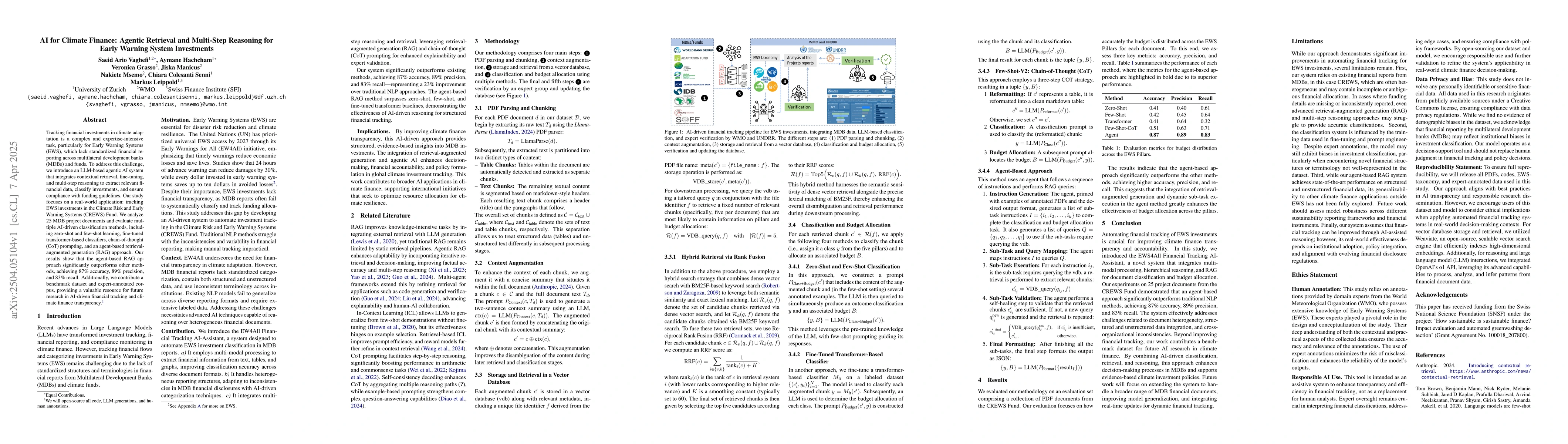 Thumbnail for AI for Climate Finance: Agentic Retrieval and Multi-Step Reasoning for
  Early Warning System Investments