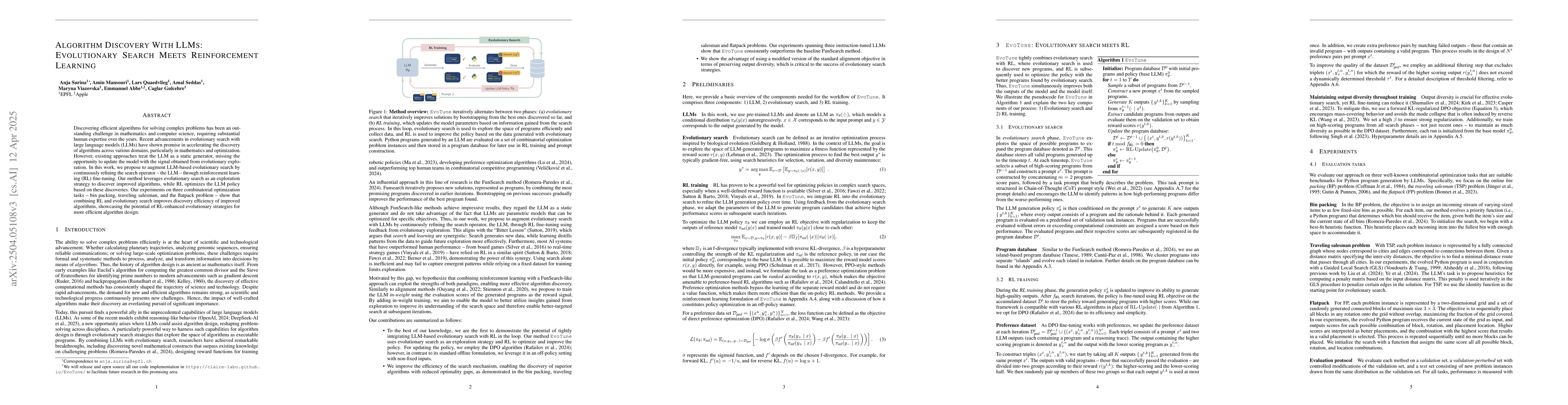 Thumbnail for Algorithm Discovery With LLMs: Evolutionary Search Meets Reinforcement
  Learning