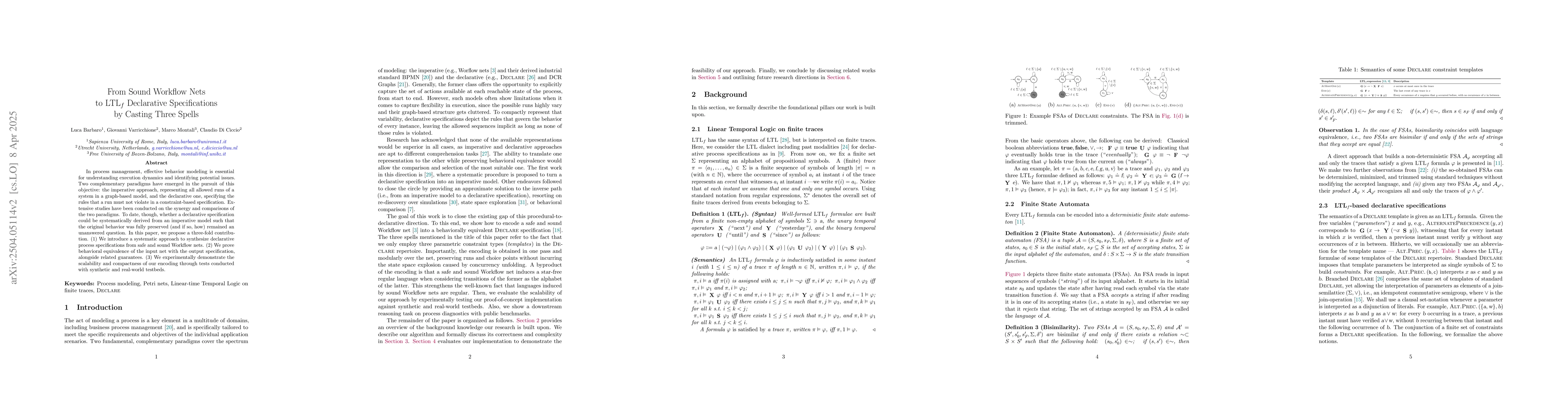 Thumbnail for From Sound Workflow Nets to LTLf Declarative Specifications by Casting
  Three Spells