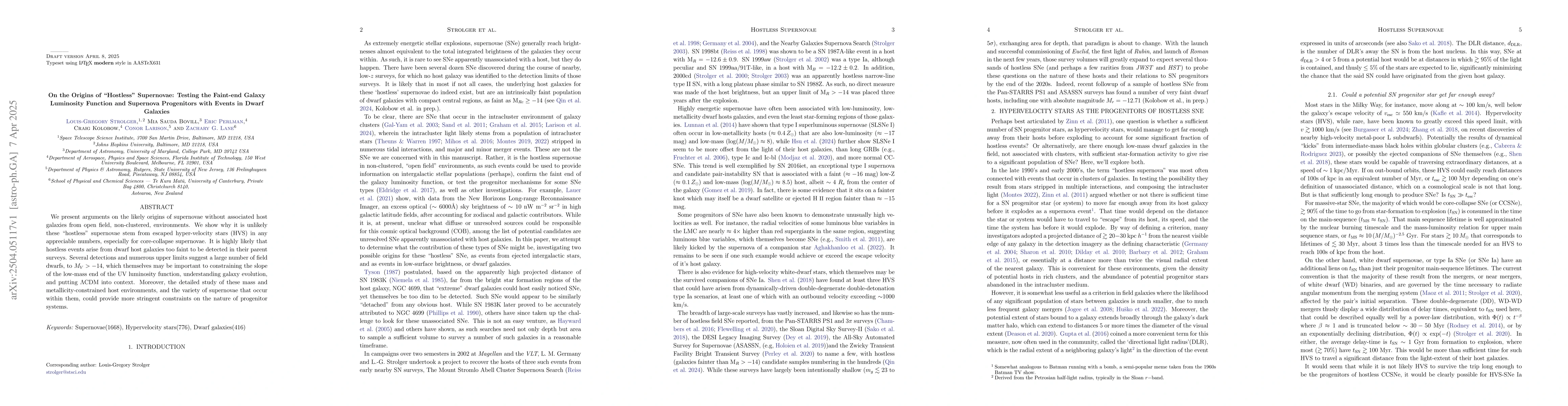 Thumbnail for On the Origins of "Hostless'' Supernovae: Testing the Faint-end Galaxy
  Luminosity Function and Supernova Progenitors with Events in Dwarf Galaxies