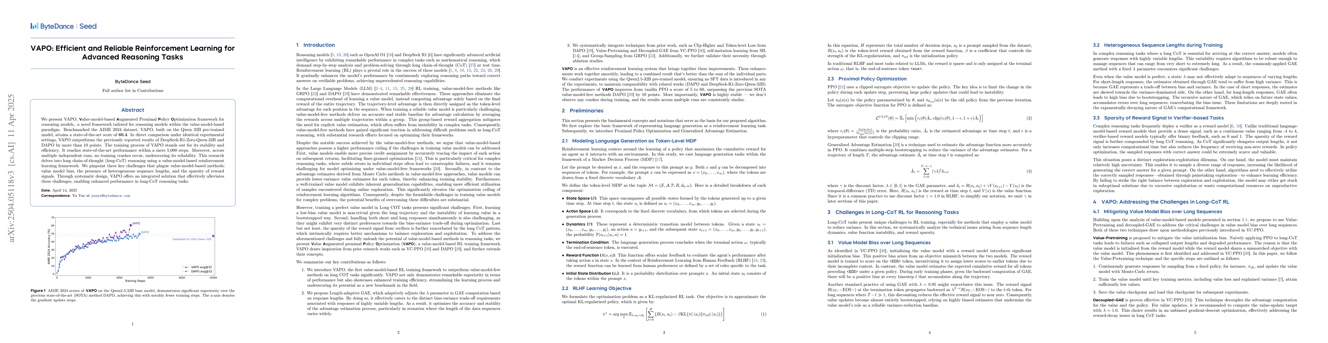Thumbnail for VAPO: Efficient and Reliable Reinforcement Learning for Advanced
  Reasoning Tasks