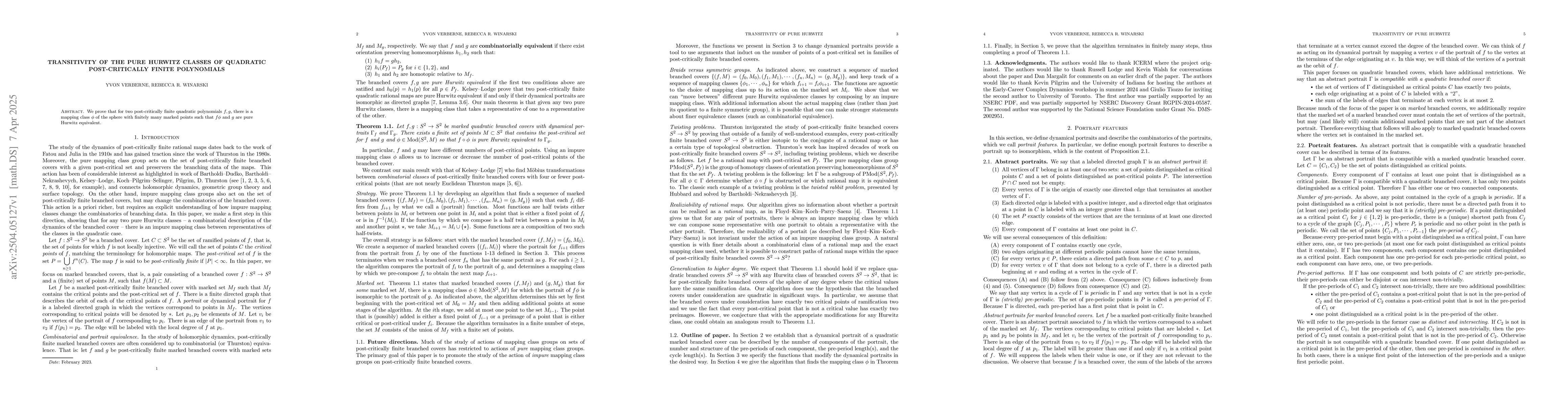 Thumbnail for Transitivity of the pure Hurwitz classes of quadratic post-critically
  finite polynomials