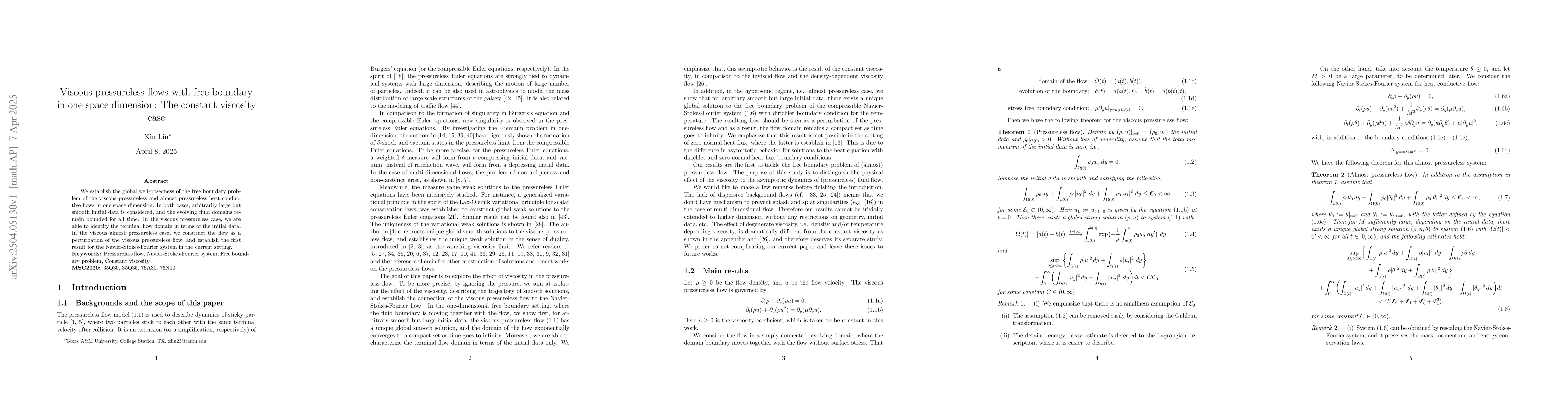 Thumbnail for Viscous pressureless flows with free boundary in one space dimension:
  The constant viscosity case