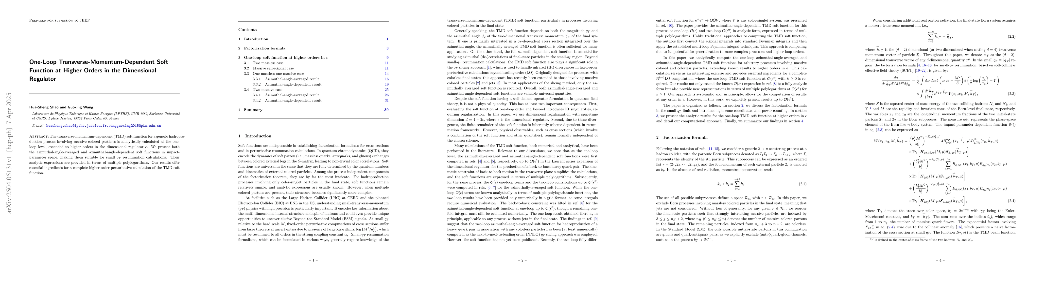 Thumbnail for One-Loop Transverse-Momentum-Dependent Soft Function at Higher Orders in
  the Dimensional Regulator