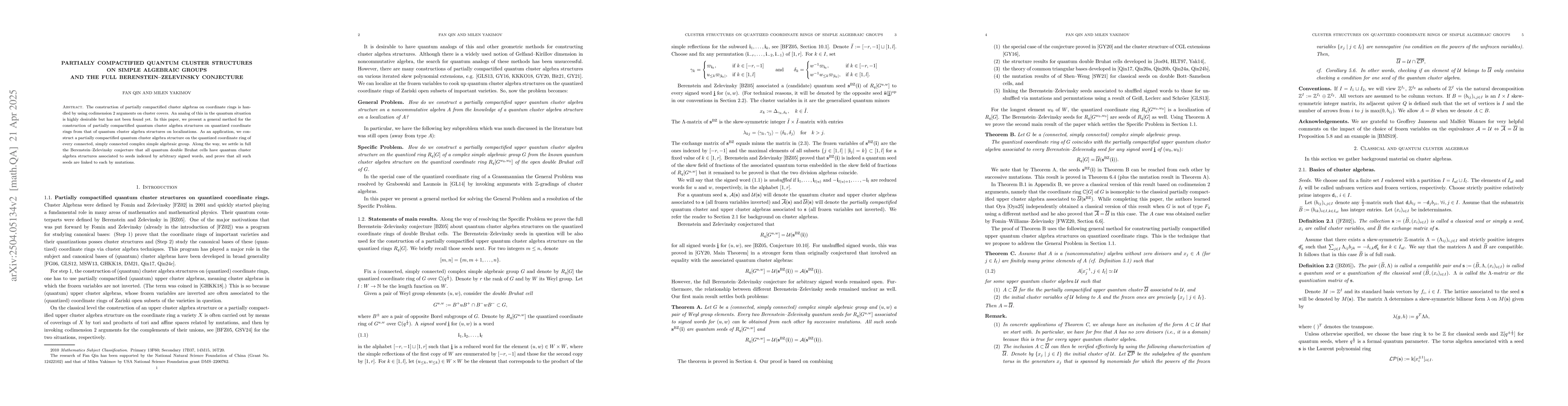 Thumbnail for Partially compactified quantum cluster structures on simple algebraic
  groups and the full Berenstein--Zelevinsky conjecture