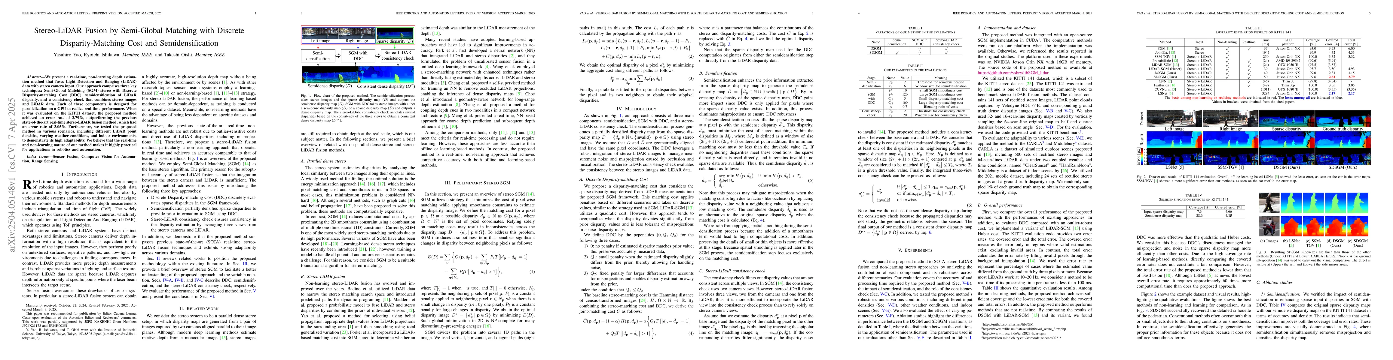Thumbnail for Stereo-LiDAR Fusion by Semi-Global Matching With Discrete
  Disparity-Matching Cost and Semidensification