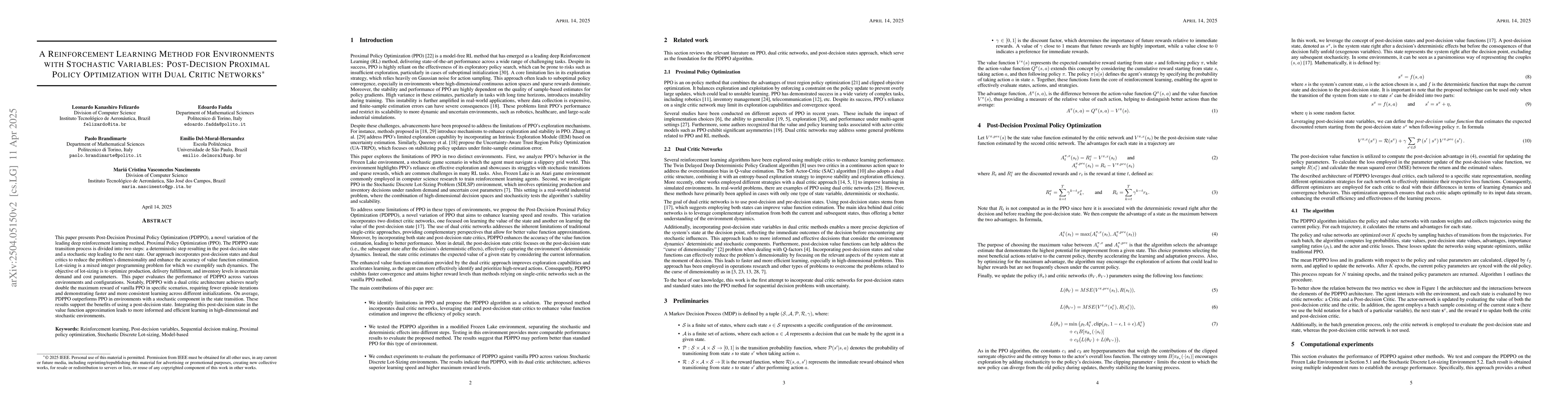 Thumbnail for A Reinforcement Learning Method for Environments with Stochastic
  Variables: Post-Decision Proximal Policy Optimization with Dual Critic
  Networks