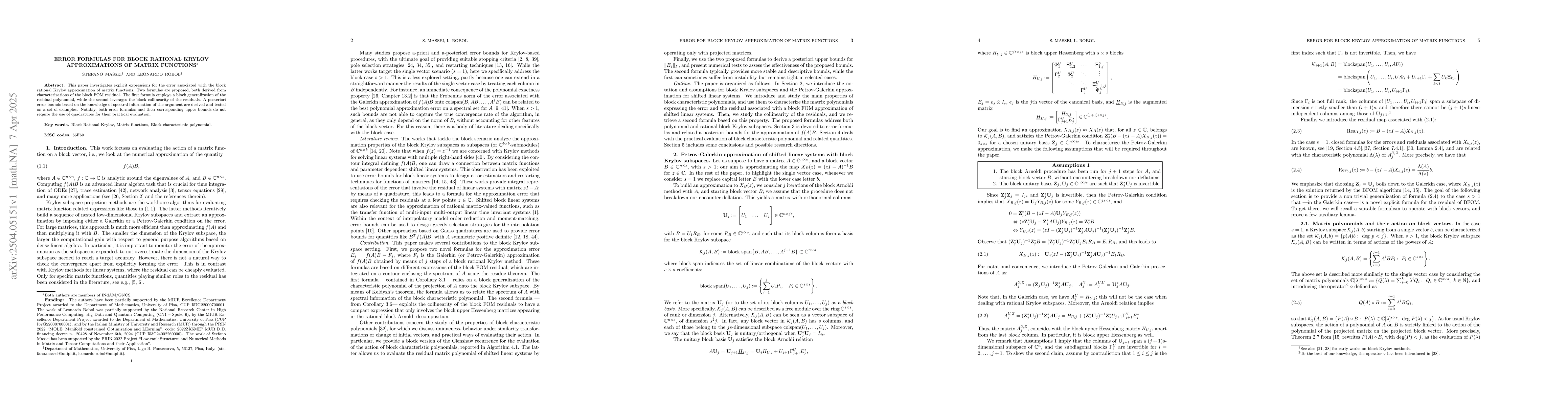 Thumbnail for Error formulas for block rational Krylov approximations of matrix
  functions