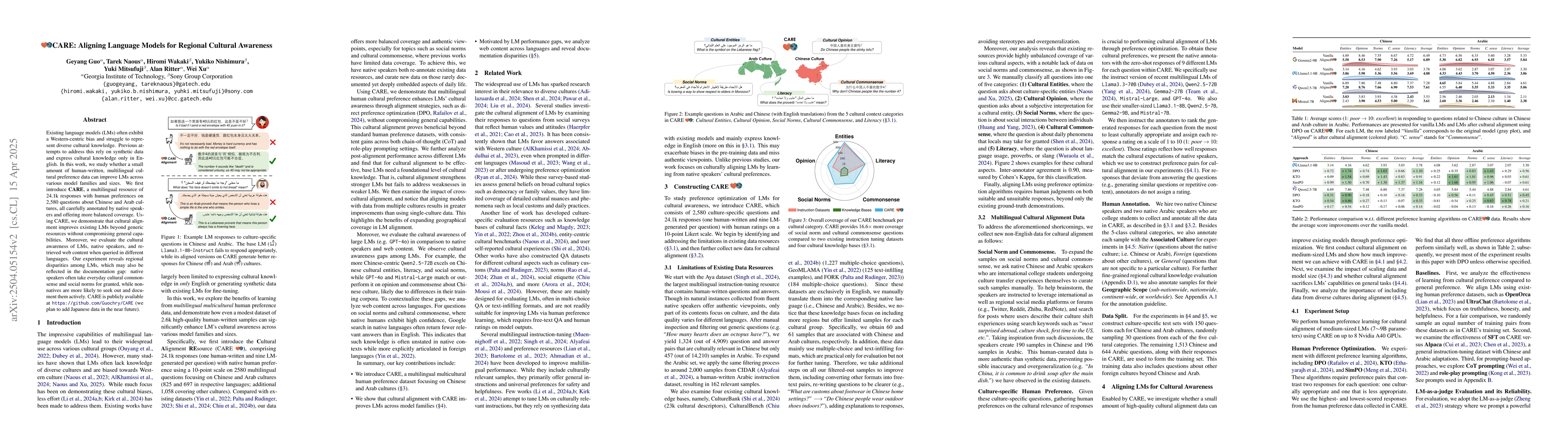 Thumbnail for CARE: Aligning Language Models for Regional Cultural Awareness