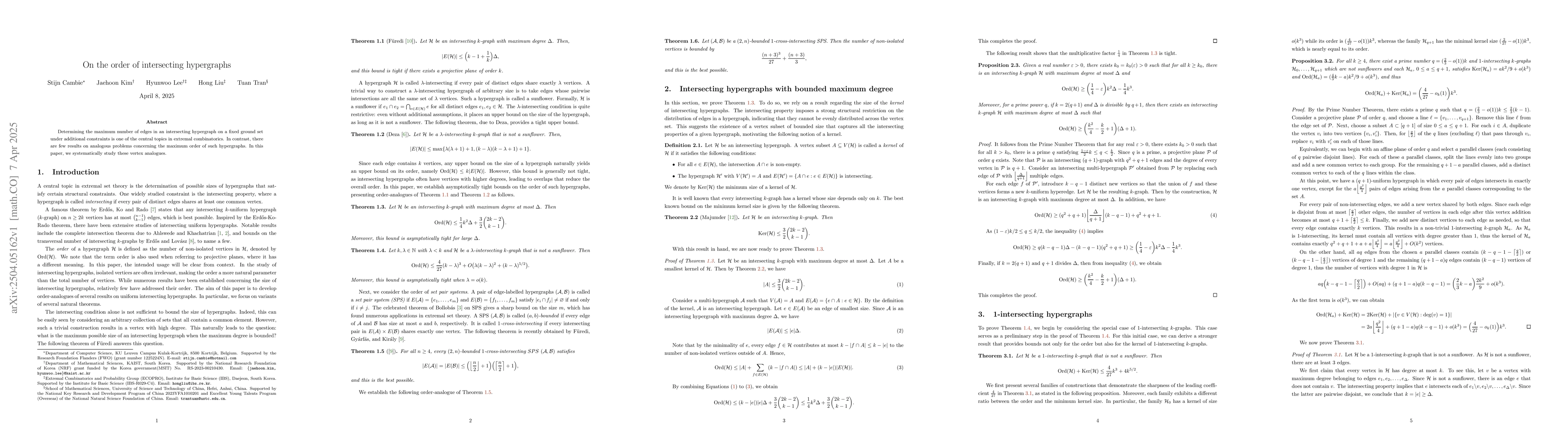 Thumbnail for On the order of intersecting hypergraphs