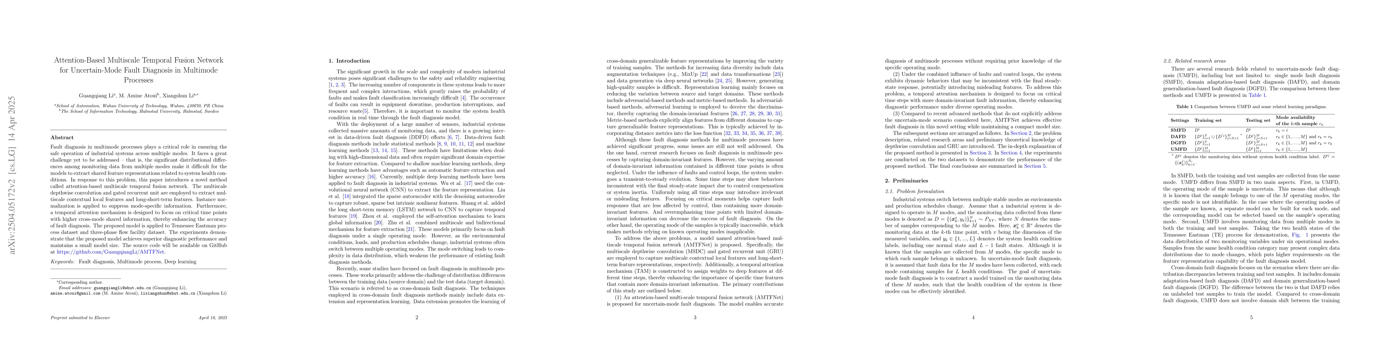 Thumbnail for Attention-Based Multiscale Temporal Fusion Network for Uncertain-Mode
  Fault Diagnosis in Multimode Processes
