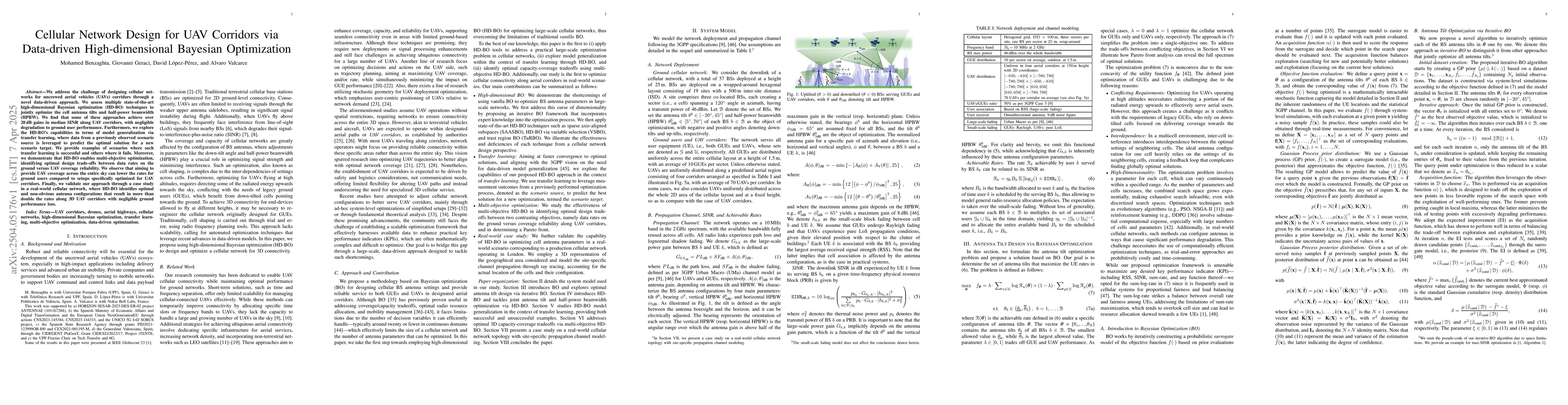 Thumbnail for Cellular Network Design for UAV Corridors via Data-driven
  High-dimensional Bayesian Optimization