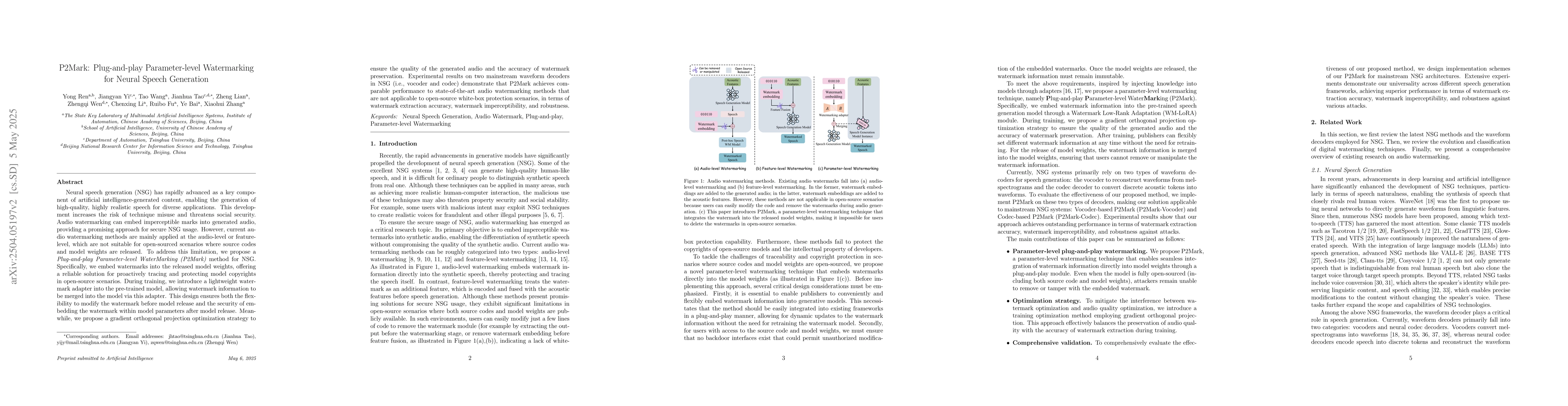 Thumbnail for P2Mark: Plug-and-play Parameter-level Watermarking for Neural Speech
  Generation