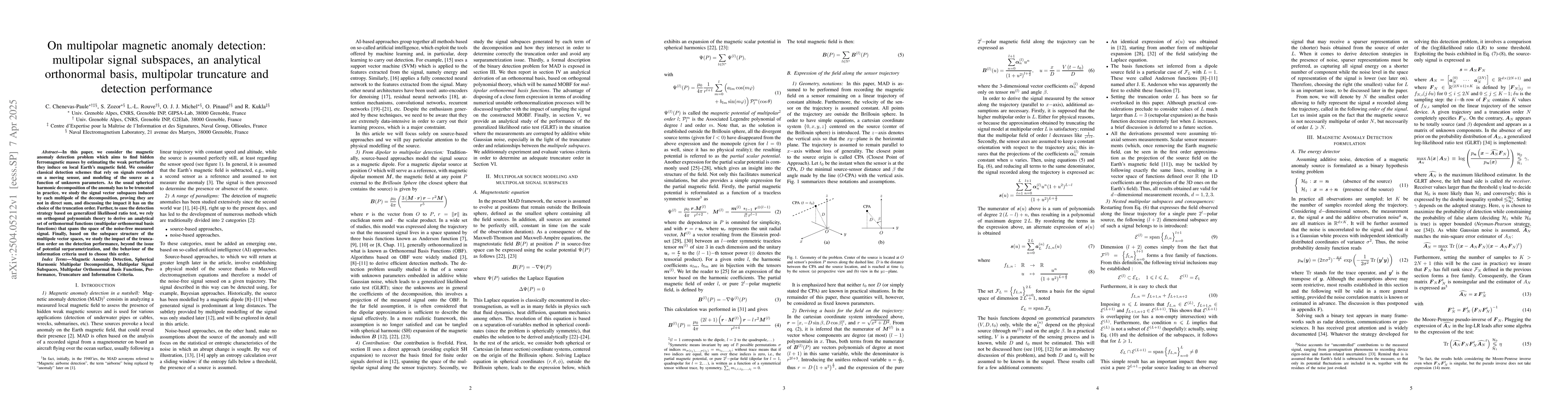 Thumbnail for On multipolar magnetic anomaly detection: multipolar signal subspaces,
  an analytical orthonormal basis, multipolar truncature and detection
  performance