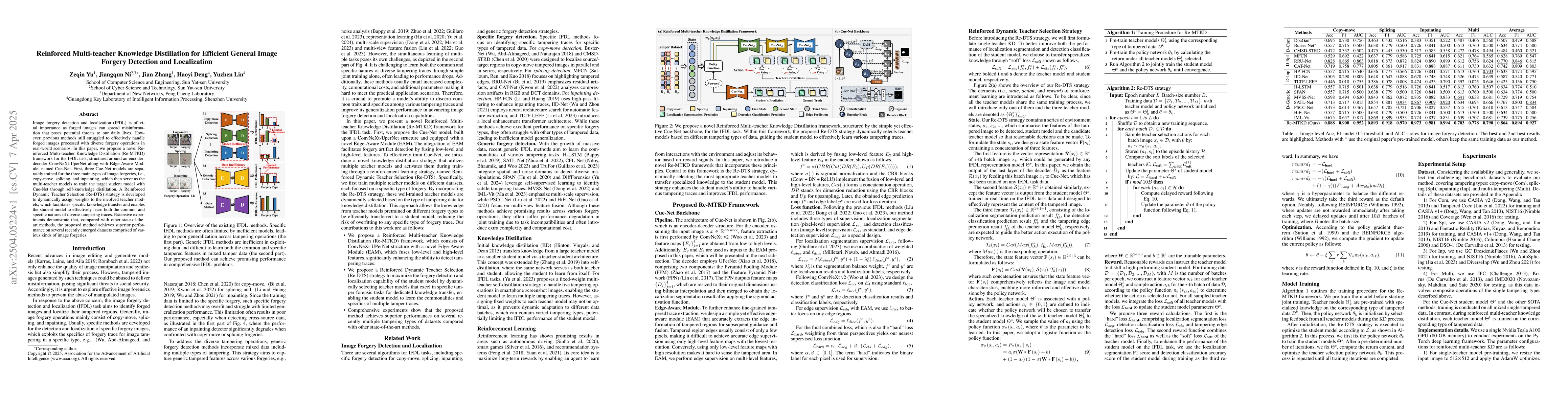 Thumbnail for Reinforced Multi-teacher Knowledge Distillation for Efficient General
  Image Forgery Detection and Localization