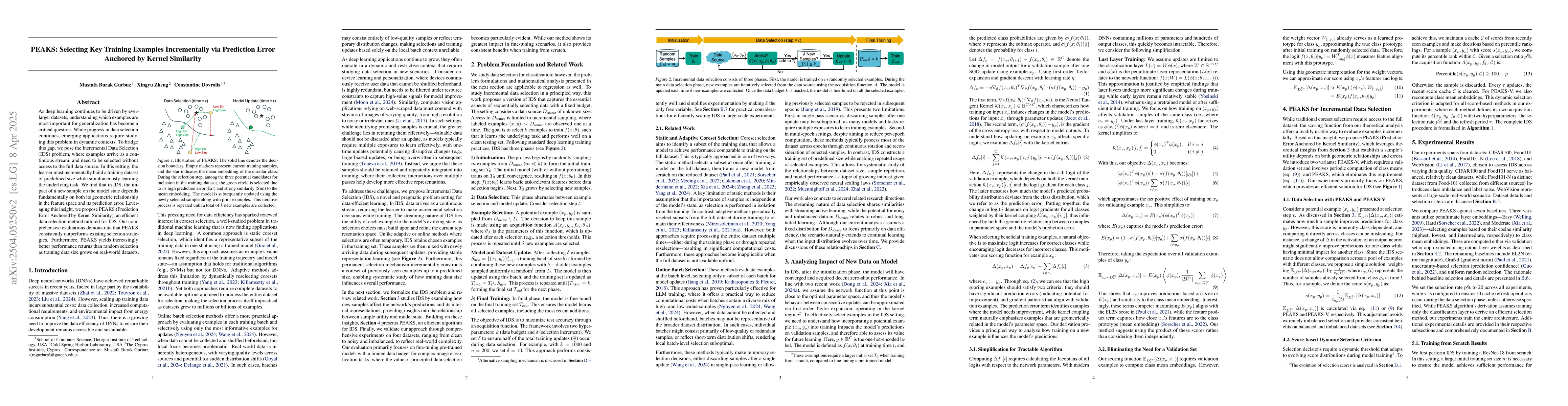 Thumbnail for PEAKS: Selecting Key Training Examples Incrementally via Prediction
  Error Anchored by Kernel Similarity