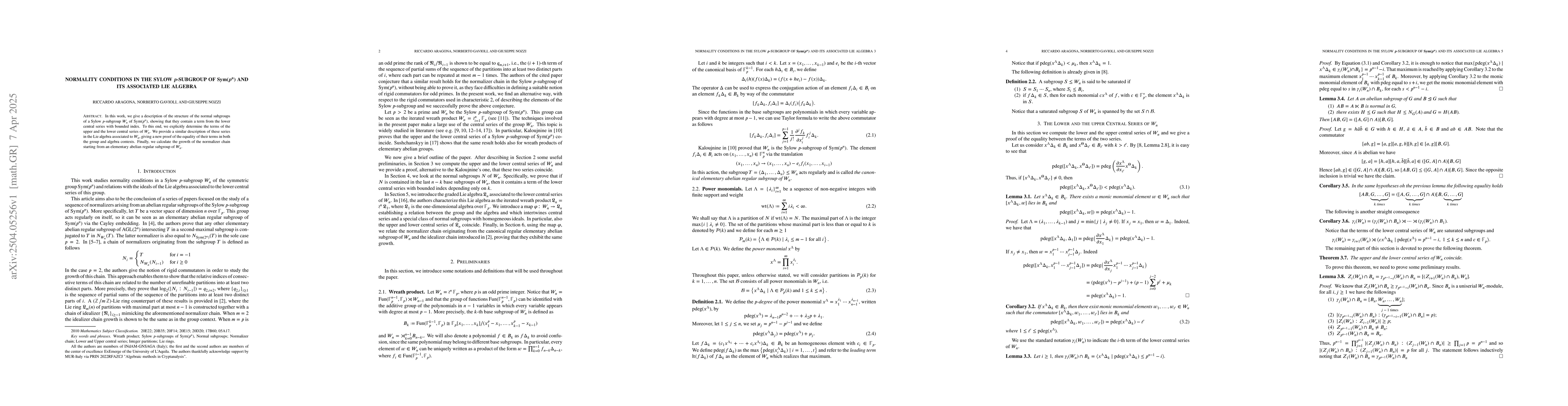 Thumbnail for Normality conditions in the Sylow $\boldsymbol{p}$-subgroup of
  $\boldsymbol{\mathrm{Sym}(p^n)}$ and its associated Lie algebra
