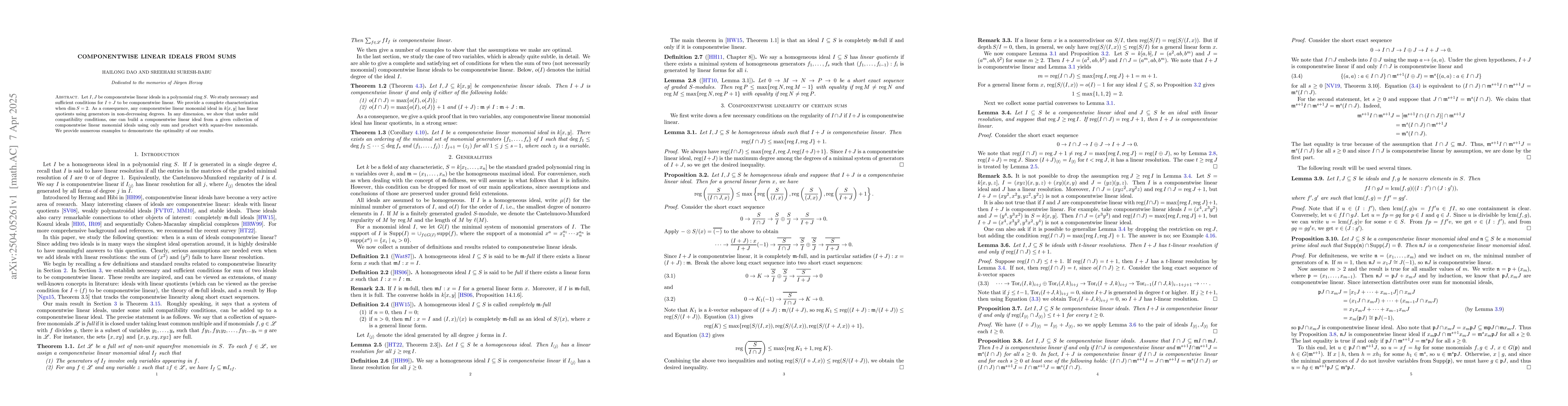 Thumbnail for Componentwise Linear Ideals From Sums